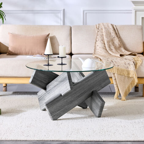 Table de salon en MDF et verre à plusieurs couleurs : structure créative avec des textures grises. Pieds de soutien simples et élégants. Diamètre : 79 cm  épaisseur du verre renforcé : 0,8 cm. (1/5)