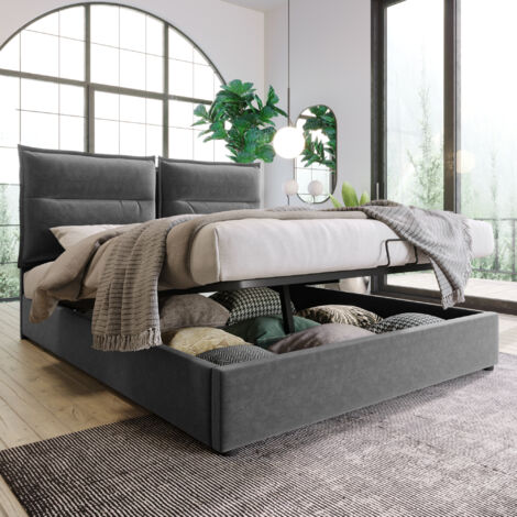 Lit hydraulique 2 lits – 140 × 200 cm – Dossier réglable – Cadre métal – Rangement intégré – Grande capacité – Gris – Sans matelas (1/5)