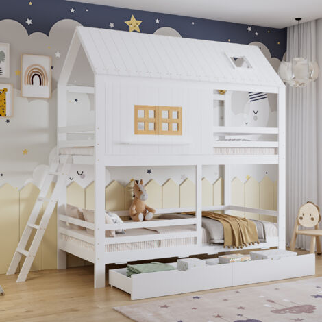 Lit surélevé enfants – Fenêtres – Toit – Sommier stable – Échelle – 2 grands tiroirs – Pin + MDF + lamelles – Blanc/naturel – 90 × 200 cm (1/5)