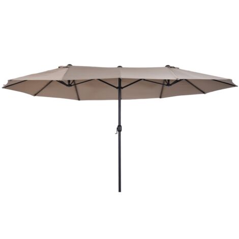 Ombrelle de marché double moteur, forme ovale, dimensions : 460 x 270 x 240 cm. Café clair. Parfait pour jardin et terrasse. (1/5)