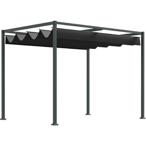 Pavillon de pergola avec toit rétractable, dimensions : 298 x 213 x 221 cm. Polyester noir ou gris. Parfait pour jardin et terrasse. (1/5)