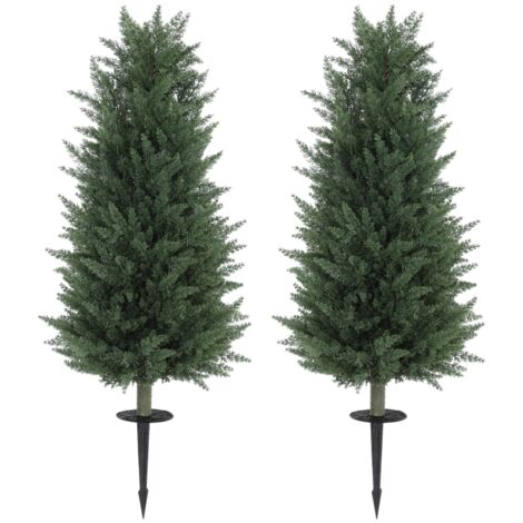 Set de 2 cyprès artificiels avec poteau de soutien de 100 cm. Arbustes en plastique, aspect arbre artificiel. Parfait pour décorer bureau, chambre, jardin. (1/5)