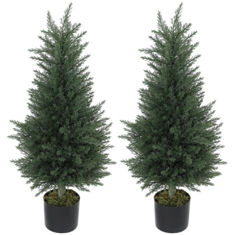 Deux ensembles de plantes artificielles à la forme de cyprès. 362 feuilles en plastique. Pot résistant aux rayons UV. De couleur verte. (1/5)