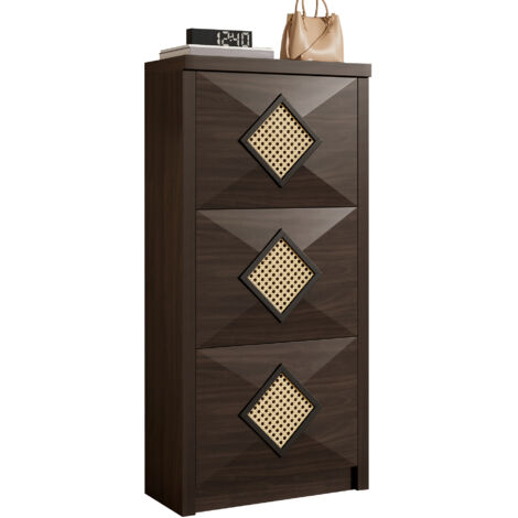 Armoire à chaussures en bois de jardin avec décor en rotin, 3 compartiments coulissants, style retro bois marron foncé, petite taille 54x25x115 cm, meuble moderne style maison de campagne (1/5)