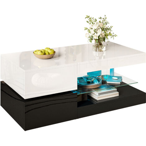 Table de salon moderne avec éclairage LED contrôlable via application mobile ou Bluetooth surface en verre finition satinée design noir et blanc dimensions 90x45x35.5 cm parfaite pour salon (1/5)