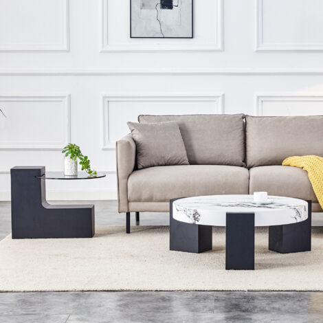Table de convivialité moderne en forme de cercle plaque de verre grise deux niveaux de transparence plaque en MDF noir forme L surface aspect marbre blanc design permettant une utilisation flexible de (1/5)