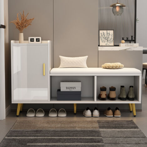Portes de placards en métal blanc brillant avec espace de rangement, meuble à usage multiple avec coussin pour pieds, tablette pour changer de chaussures équipée d accessoires dorés (1/5)