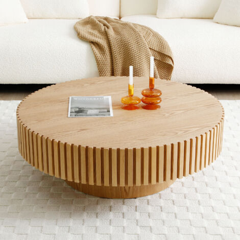 Table basse ronde en MDF finition noyer naturel ou noir diamètre 80x35 cm structure en bois massif travaillé à la main design reliefé stable sans plastique moderne pour salon (1/5)