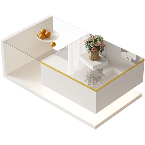 Table de salon d’une longueur de 90 cm, en couleur blanche brillante. Tables à côté du canapé, tables de salon avec surface vitrée et effet LED. (1/5)