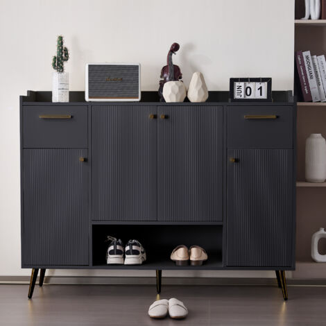 Armoire à chaussures, avec 2 compartiments et 4 portes. Pieds en métal. Dimensions : L130 / L37 / H100. Couleur : noir. (1/5)