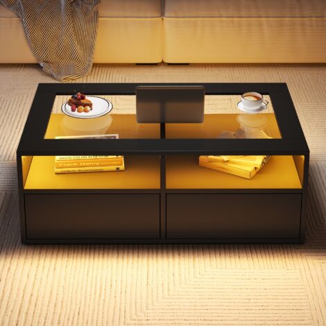1005035 cm. Bureau avec éclairage LED. Meuble de salon doté de 2 tiroirs. Bureau de salon en verre. Design à deux niveaux pour le plateau à thé (1/5)