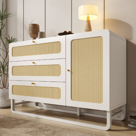 Compartiment en bois de rotin avec poignées en or, style maison de campagne couleur blanche, comporte 3 tiroirs et 1 porte, étagères à hauteur réglable, dimensions 120x85x40 cm (1/5)