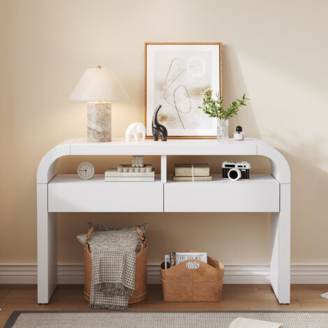 Console moderne avec des tiroirs pour l’entrée de la pièce. Panneau latéral avec une forme incurvée et coussins au pied réglables. Console fine, idéale pour les couloirs ou les salles de séjour (coule (1/5)