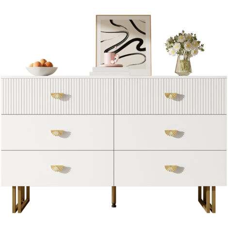 Armoire moderne avec 6 tiroirs, en blanc et avec des accents dorés. Design élégant, fabriqué en MDF et acier. Idéale pour les chambres à coucher, les salons et les entrées de maison. Dimensions : 120x (1/5)