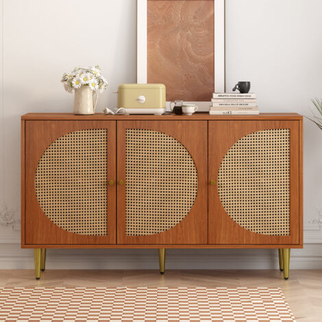 Commode d angle avec 3 portes décorées en rotin, meuble de rangement à trois tiroirs avec poignées métalliques, parfaite pour chambres pièces de vie et bureaux, bois de noyer, dimensions 129,8 x 40 x (1/5)