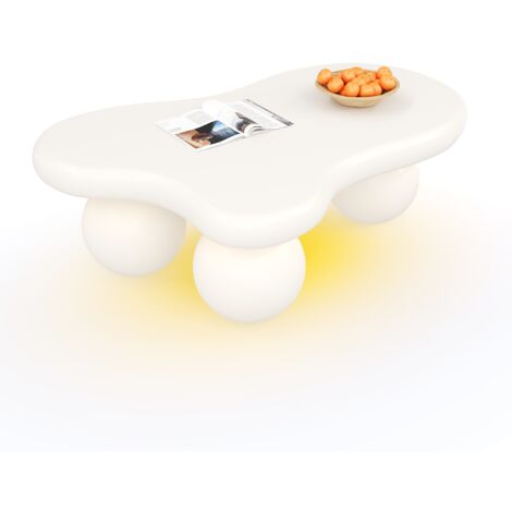 Table de salon blanche dans un style nuageux, avec éclairage LED. 16 couleurs disponibles. Design en forme de nuage. Table élégante, parfaite pour une salle à manger ou une chambre d’enfants moderne. (1/5)