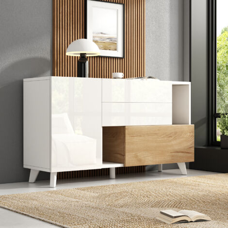 Meuble de salon en bois blanc et brillant, avec des compartiments pour ranger les objets. Meuble de salon destiné à la cuisine, également doté de compartiments pour ranger les objets. Meuble moderne c (1/5)