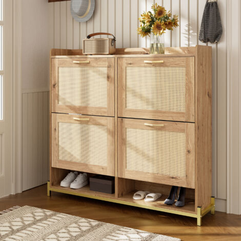 Meuble élégant en bois, avec des portes à battants. Il comporte 4 portes, un cadre métallique, et un étagment supérieur permettant une organisation pratique et ordonnée des objets. (1/5)
