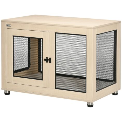 Cage pour chiens, design moderne. Fermée par des loquets. 2 portes. Dimensions : 94 cm x 60 cm x 71,5 cm. Couleur : naturel + noir. (1/5)