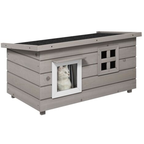 Maison pour chats en bois, résistante à l’eau. Abri pour chats avec un toit en asphalte. Couvercle qui peut être replié. Fenêtres. Abri protecteur po (1/5)