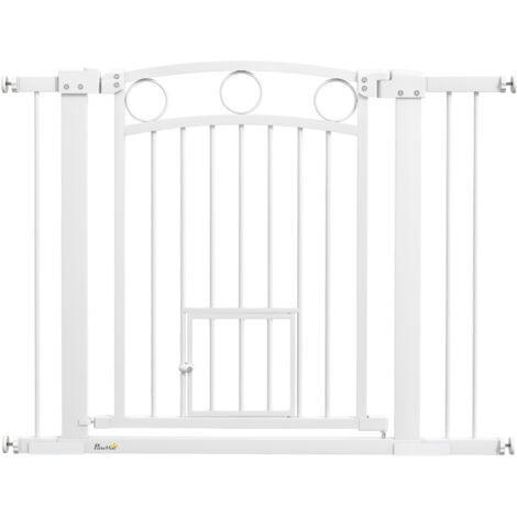 Haustiertor : 77 cm de hauteur. Porte réglable en largeur, de 76 à 104 cm. Conçue pour être utilisée sur les escaliers et les ouvertures des portes. Couleur blanche. (1/5)