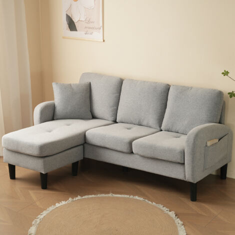 Canapé L avec chaiselongue – 3 places, 166x118x77 cm, coton-lin, pieds plastique, modulable. Idéal salon/appartement/bureau. (1/5)
