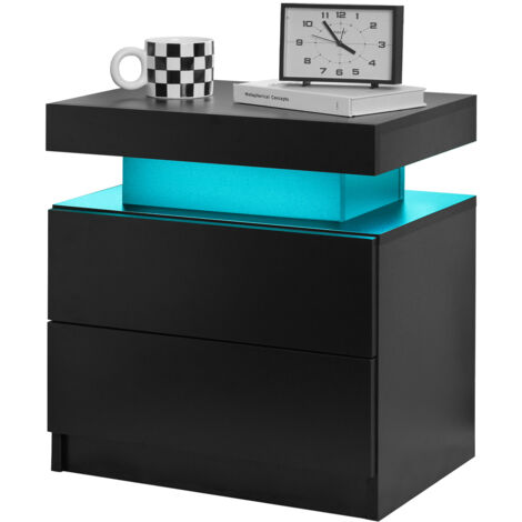 Table de chevet LED noire - 2 tiroirs - Moderne et élégante - Pour chambre à coucher - Éclairage intégré - Design épuré (1/5)