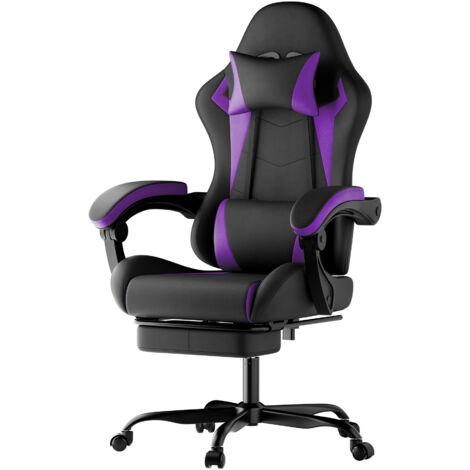 Chaise ergonomique pour les jeux vidéo, avec coussin pour la région lombaire et appuie-tête. Chaise réglable en hauteur. Chaise adaptée aux adultes, filles et garçons. Couleur : noir-violacé. (1/5)