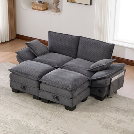 Canapé modulaire 2 places + 2 tabourets – Large assise, ergonomique, mousse qualité, USB-C, compartiments latéraux. Idéal salon/bureau/détente. Garkdray (1/5)