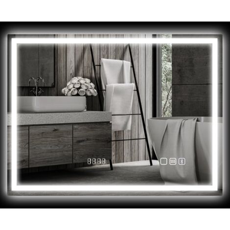 Miroir mural LED argent 80x60 cm - Sans cadre - Bluetooth musique - Affichage heure 3 couleurs - Tactile - Fonction mémoire - Pour salle de bains, chambre