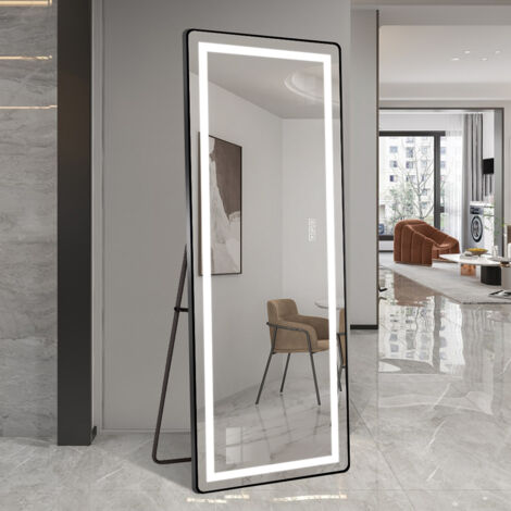 Miroir vertical LED 163x54 cm - Cadre aluminium fin noir - Fixation au sol - Intensité lumineuse réglable - Pour chambre, salon, dressing (1/5)