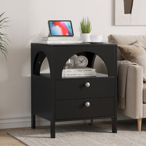 Table de nuit moderne noire 45x40x58 cm - 2 tiroirs + 1 compartiment ouvert - Pour chambre, salon, couloir - Rangement polyvalent - Design chic (1/5)