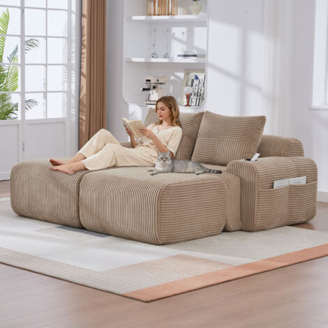 Cordsofa modulable 2 places khaki + 2 tabourets - Combinable librement - Porte-boissons + rangement latéral - Pour salon, chambre familiale, appartement - Compact (1/5)