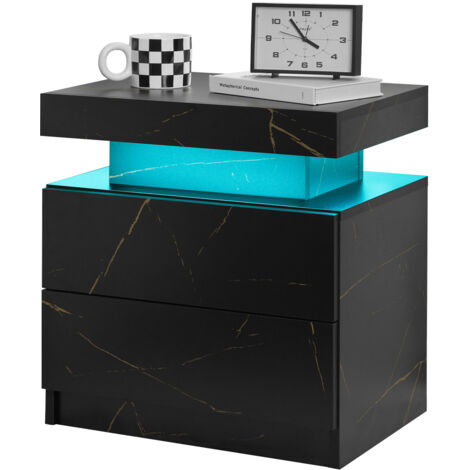 Table de chevet LED noir et doré - 2 tiroirs - Moderne et pratique - Pour chambre à coucher - Éclairage intégré (1/5)