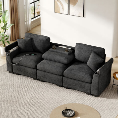 Canapé moderne 3 places – Chenille, coussin, table basse, USB, rangement boissons. Polyvalent, idéal bureau/appartement/salle à manger. (1/5)