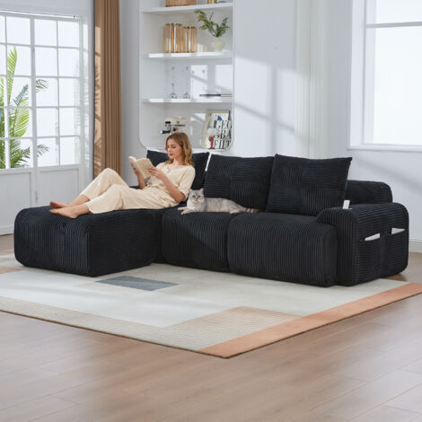 Cordsofa modulable 3 places noir + tabourets - Combinable librement - Porte-boissons + compartiment rangement - Pour salon, chambre, bureau - Design épuré (1/5)