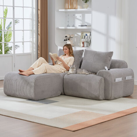 Canapé modulable 2 places gris clair + tabourets - Combinable librement - Porte-boissons + compartiment rangement - Pour salon, chambre, studio - Pratique (1/5)