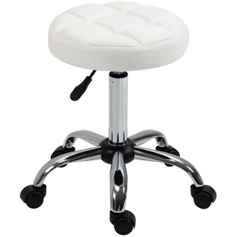 Banc de travail réglable en hauteur, pouvant être utilisé dans les bureaux et les salons. Matériau : cuir artificiel. Dimensions : Ø35,5 x 51–67 cm. Couleur : blanc. (1/5)