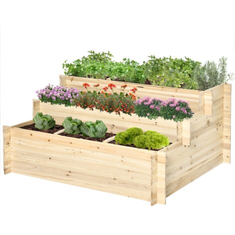 Hochbeet 3 étages bois verni 117x100x54 cm - Finition intérieure tissu éponge - Pour plantes, fleurs, légumes - Jardin, terrasse, balcon - Design à plusieurs niveaux (1/5)