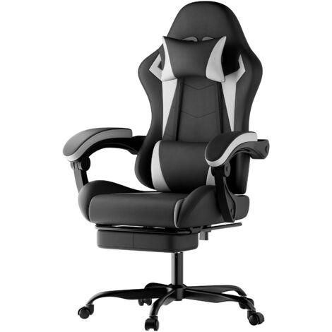Chaise ergonomique pour les jeux vidéo, avec coussin pour le dos et appuie-tête. Chaise réglable en hauteur. Chaise adaptée aux adultes, filles et garçons. Couleur noire et blanche. (1/5)