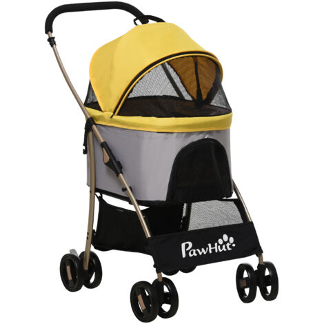 Vélo pour chiens 2 en 1 : chariot et sac de transport pour chiens. Vélo convertible avec un coussin intérieur. Il dispose de 4 roues. Les fenêtres sont en tissu Oxford. La couleur est jaune. (1/5)