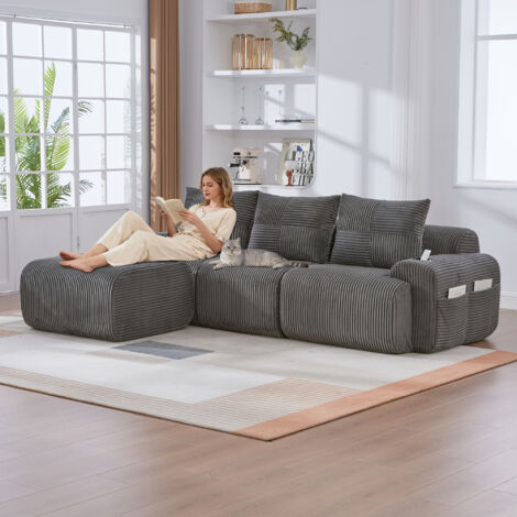 Cordsofa modulable 3 places gris foncé + tabourets - Combinable librement - Porte-boissons + rangement latéral - Pour salon, chambre, bureau - Design moderne (1/5)