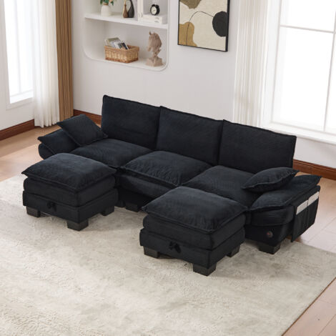 Canapé modulaire 3 places + 2 tabourets – Large assise, ergonomique, mousse qualité, USB-C, compartiments latéraux. Noir. Idéal salon/bureau/détente. (1/5)