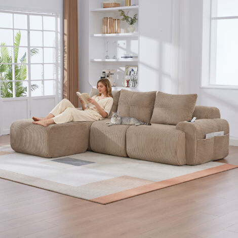 Canapé modulable 3 places khaki + tabourets - Combinable librement - Porte-boissons + compartiments rangement - Pour salon, chambre, appartement - Design pratique (1/5)