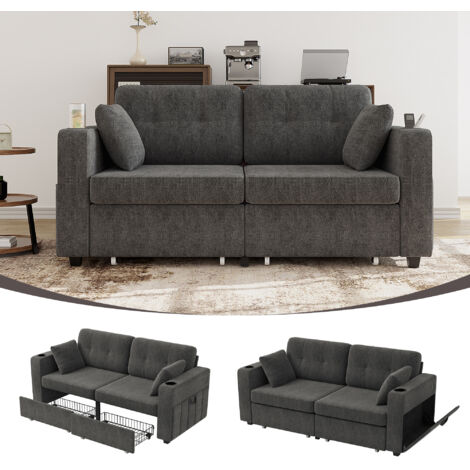 Canapé 2 places – 2 compartiments rangement, prises USB, supports boissons, poches latérales, rangements cachés. Idéal salon/appartement/lecture. (1/5)