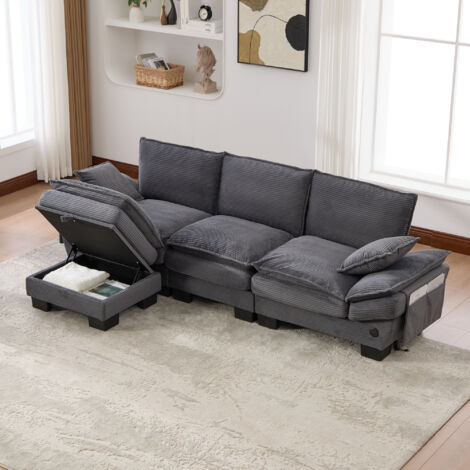 Canapé modulaire 3 places + tabouret – Large assise, ergonomique, mousse haute densité, USB-C, compartiments latéraux. Gris foncé. Idéal salon/bureau/détente. (1/5)