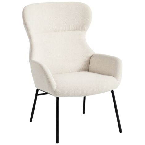 Fauteuil moderne blanc crème - Accoudoirs élevés - Assise et dossier hauts - Matelas épais - Pieds acier - Pour salon, chambre, lecture - Confortable (1/5)