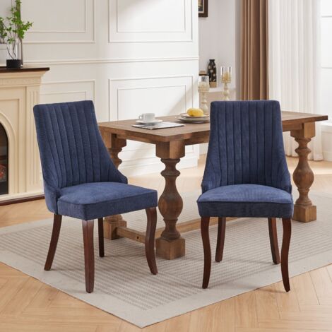 Lot 2 fauteuils repas bleus - Tissu rayonné - Pieds bois massif incurvés - Confortables - Pour cuisine, salle à manger - Design élégant (1/5)