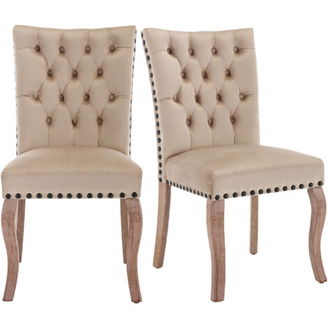 Lot 2 chaises multi-usage couleur claire - Heurtoir unique au dossier - Coussins motifs têtes clous - Pieds bois massif - Velours - Pour cuisine, salon (1/5)