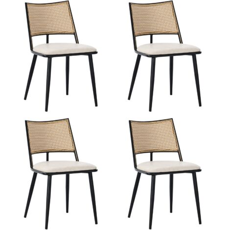 Lot 4 chaises salle à manger noires - Assises PU - Dossiers rotin - Pour salon, salle à manger, chambre - Style épuré (1/5)